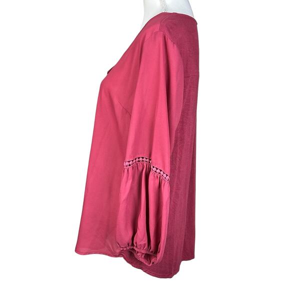 Fortune + Ivy Top Women Large Magenta Pink Sheer Eyelets Puffy Sleeve Boho Tunic - Picture 5 of 11